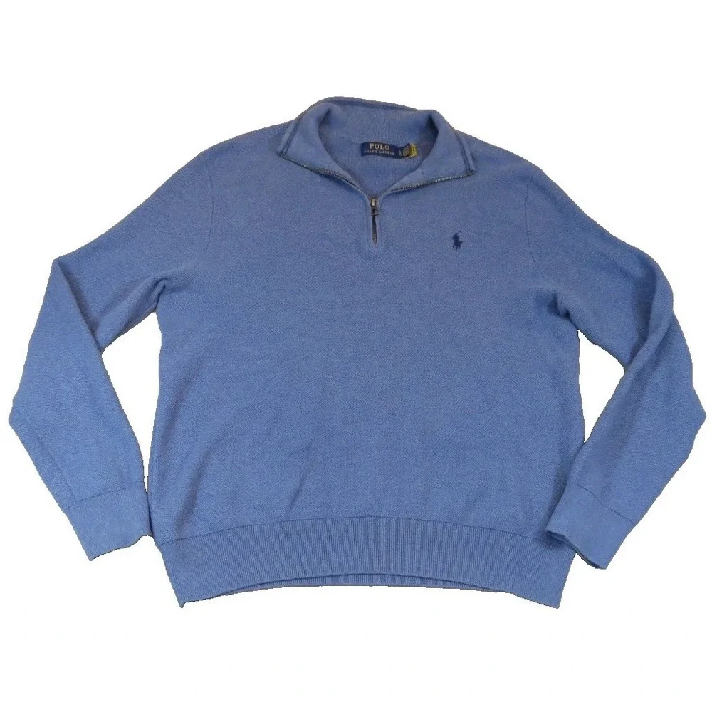 Polo Ralph Lauren Sweater Mens Large L Blue 1/4 Zip Pullover Cotton French Rib